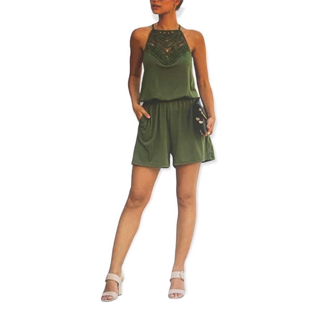 Women's XL Army Green Sleeveless Crochet Front Romper - Picture 2 of 7